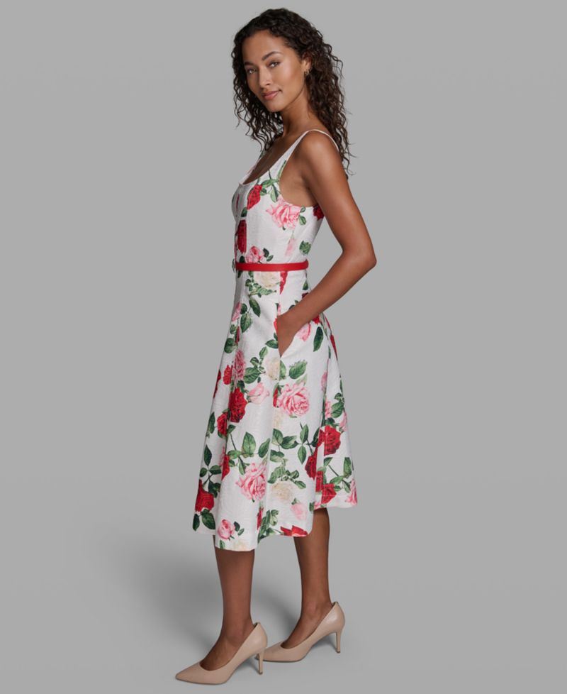 Women's Sleeveless Square Neck Belted Floral Dress
