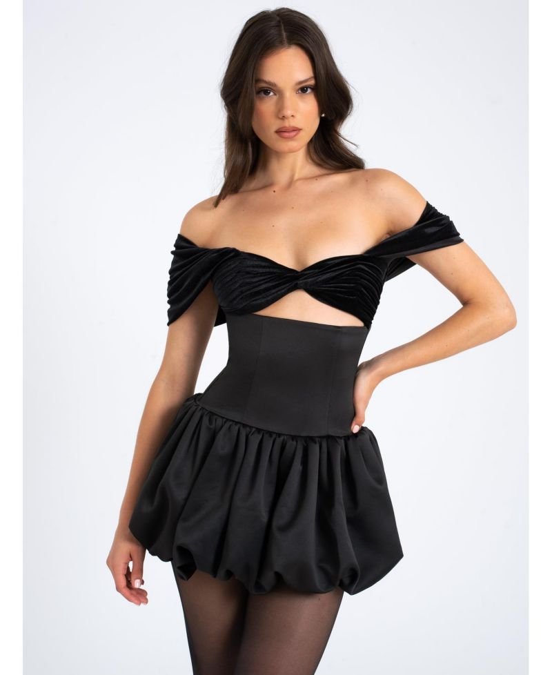 Women's Gabby Black Velvet Top Bubble Hem Mini Dress