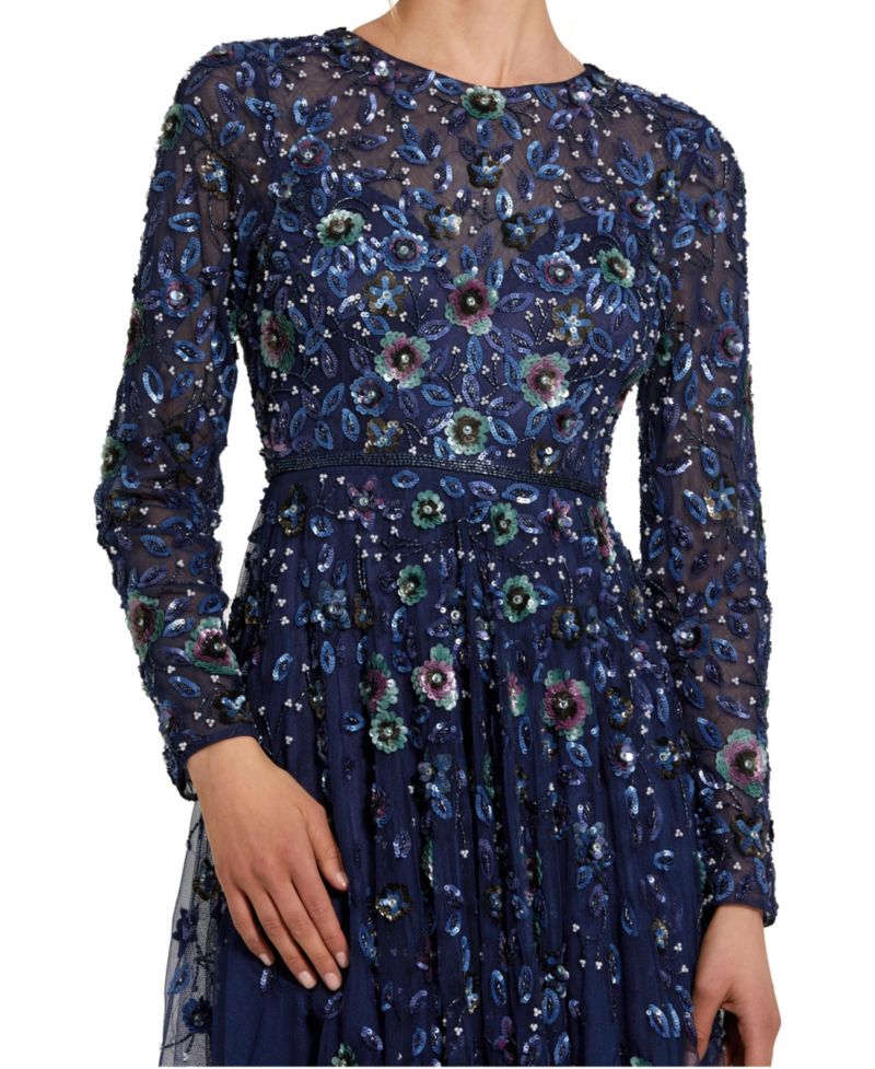 Women's Embellished High Neck Long Sleeve A Line Gown