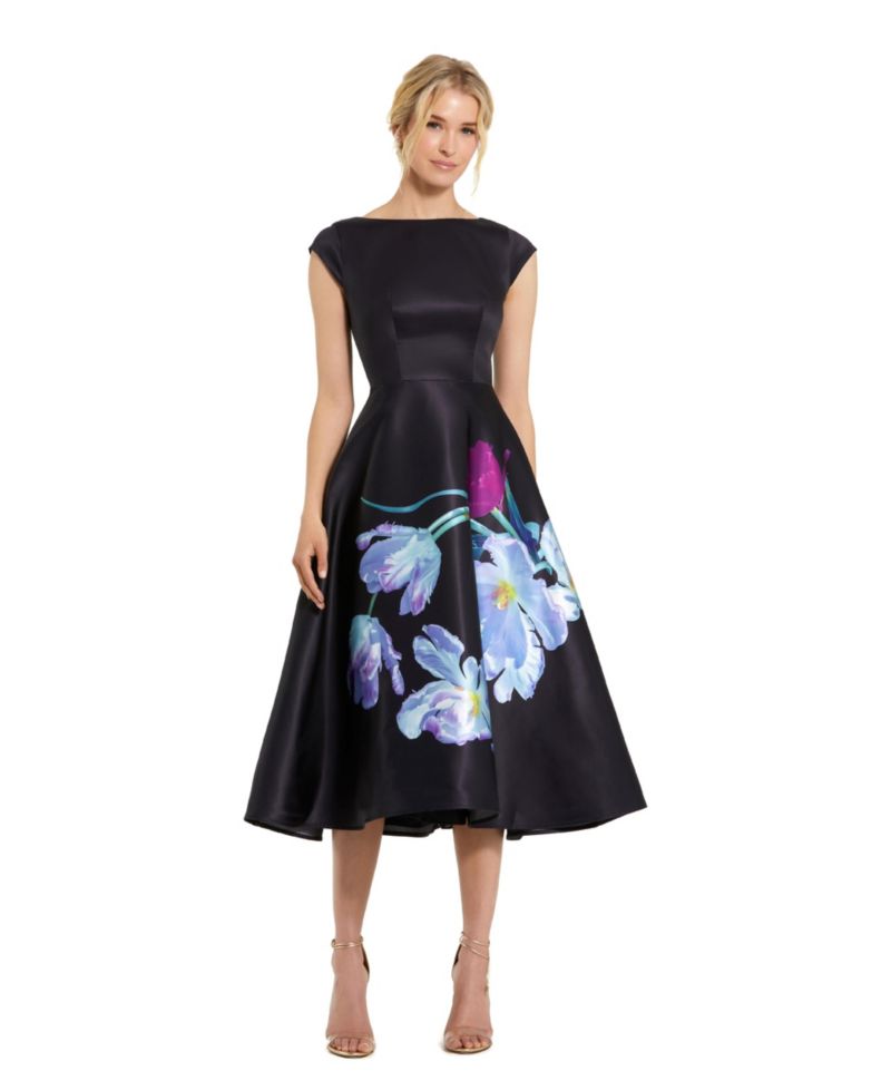 Floral Print Cap Sleeve Satin Midi Dress