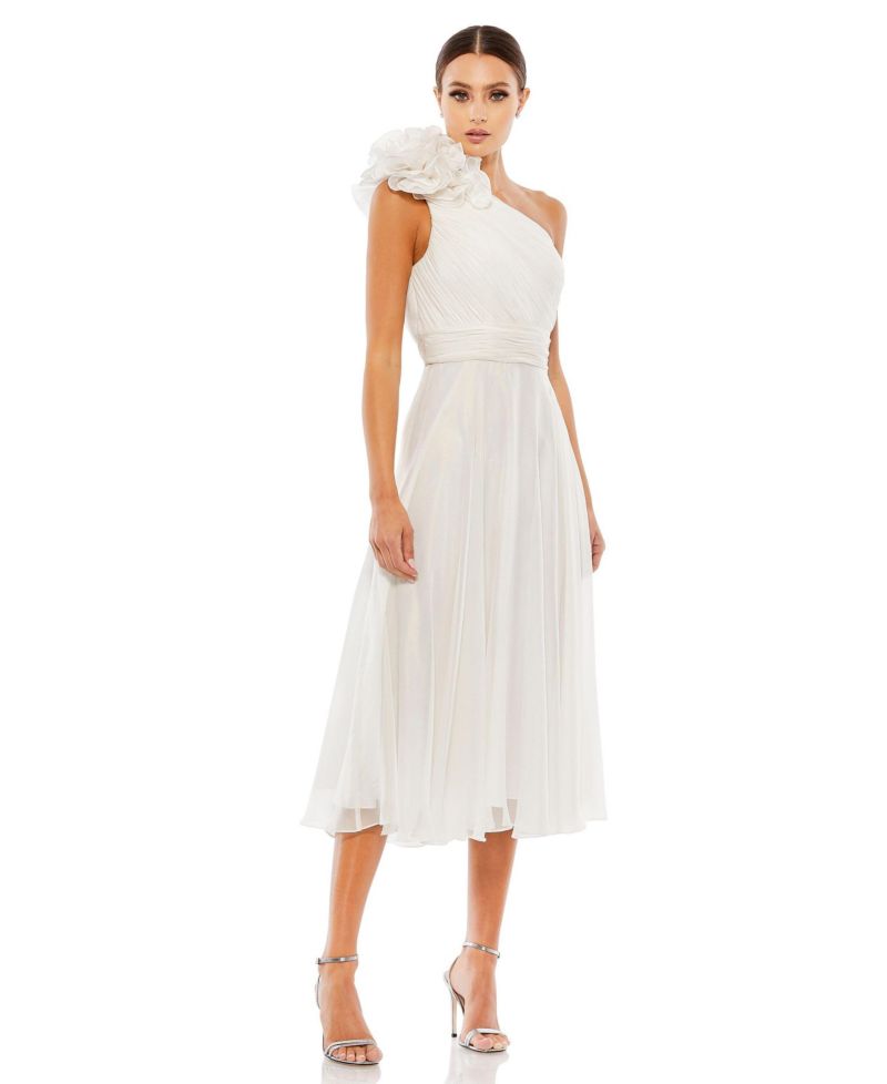 Women's Rosette One Shoulder Tea Length Dress