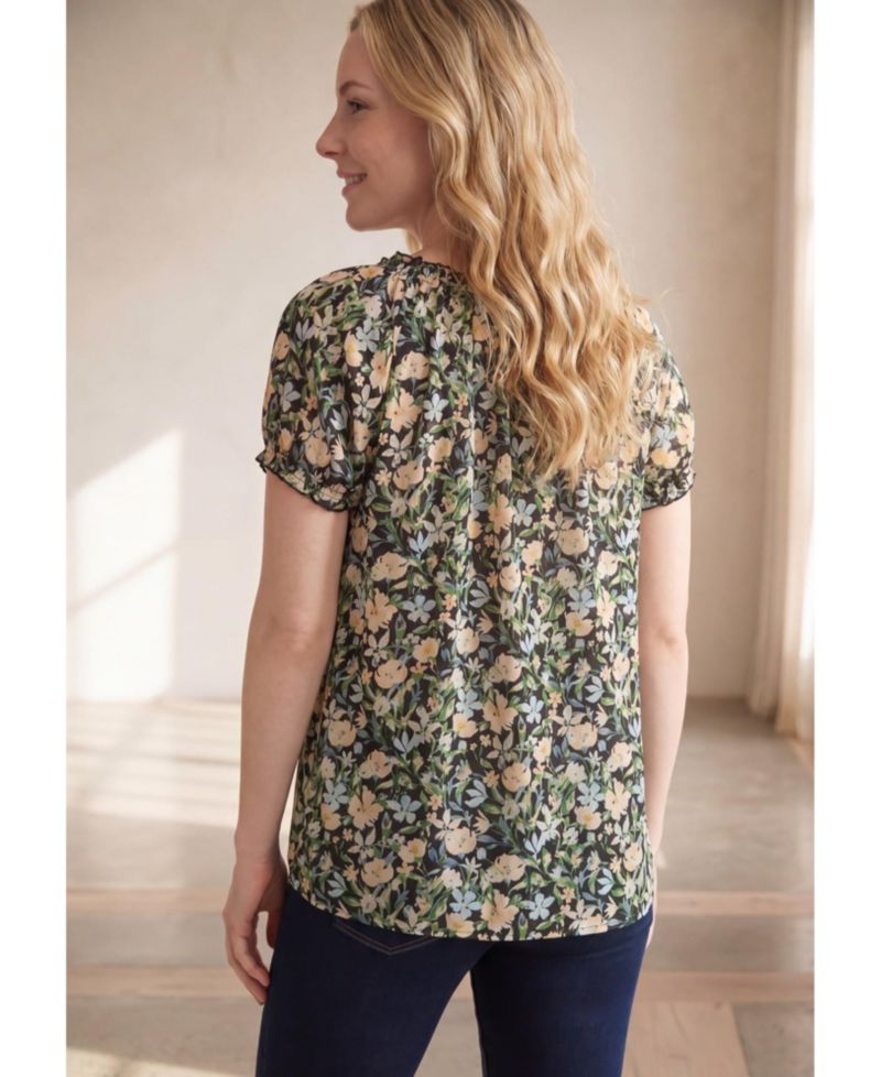 Women's A-Line Scoop Neck Ruffle Trim 100% Cotton Cambric Peasant Blouse