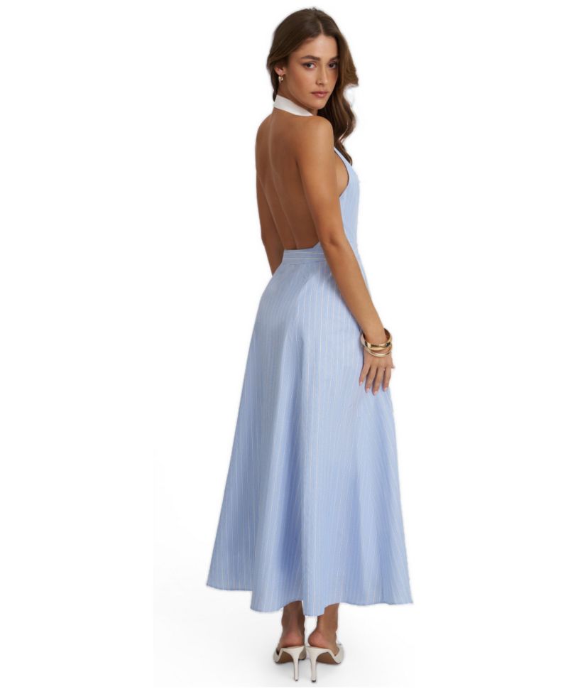 Women Winslet Sky Blue Striped Cotton Poplin Halter Maxi Dress