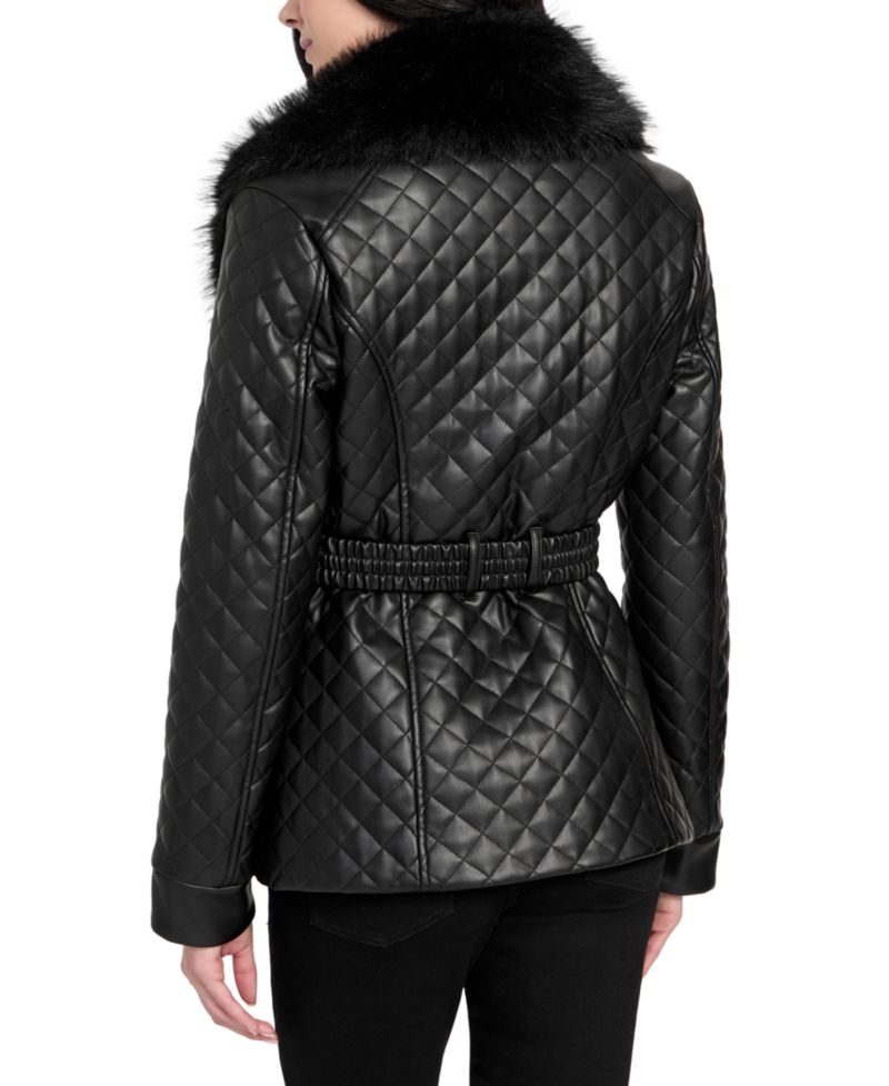 Women's Quilted Faux-Fur-Collar Faux-Leather Jacket