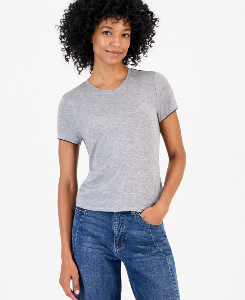 Plus Size Piped Tissue Jersey Layering Crewneck T-Shirt