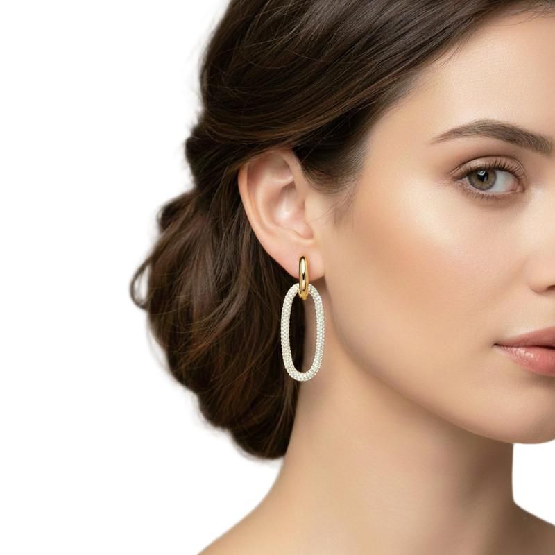 Elegant Cubic Zirconia Encrusted Oval Hoop Drop Earrings