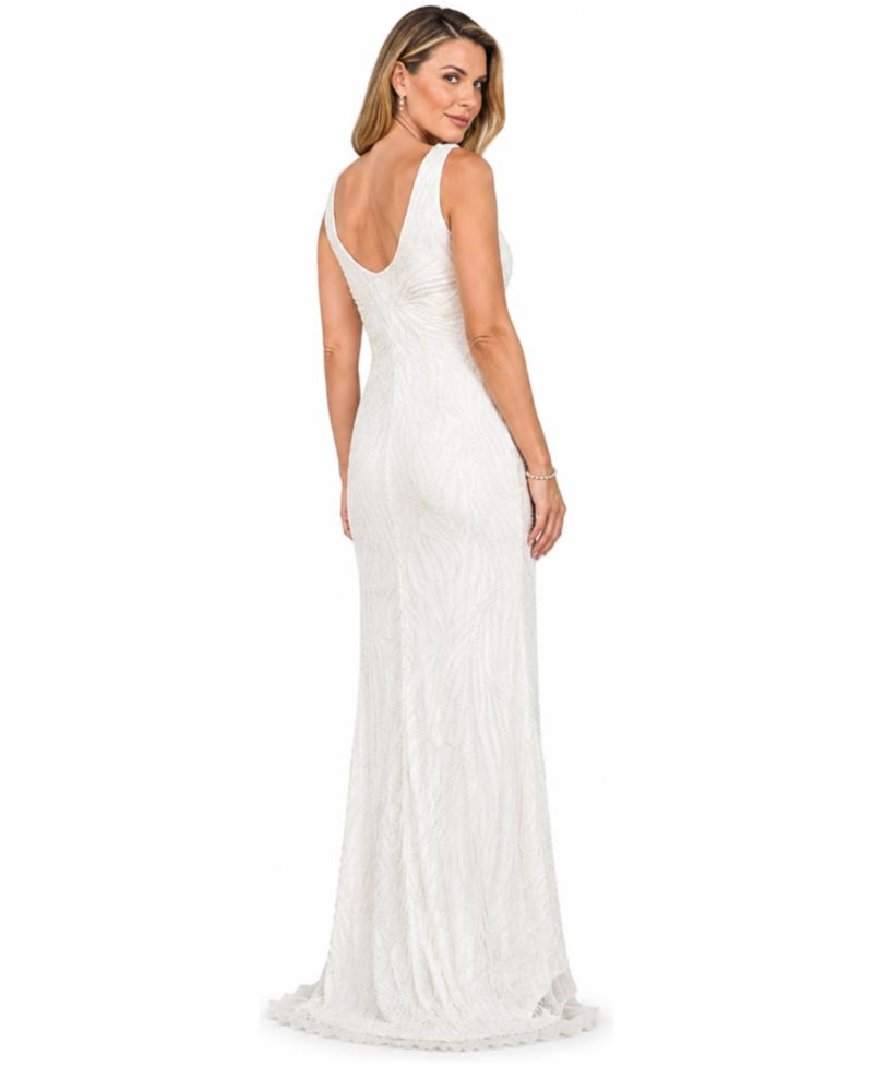 Women's Beaded Cowl-Back Draped Wedding Gown
