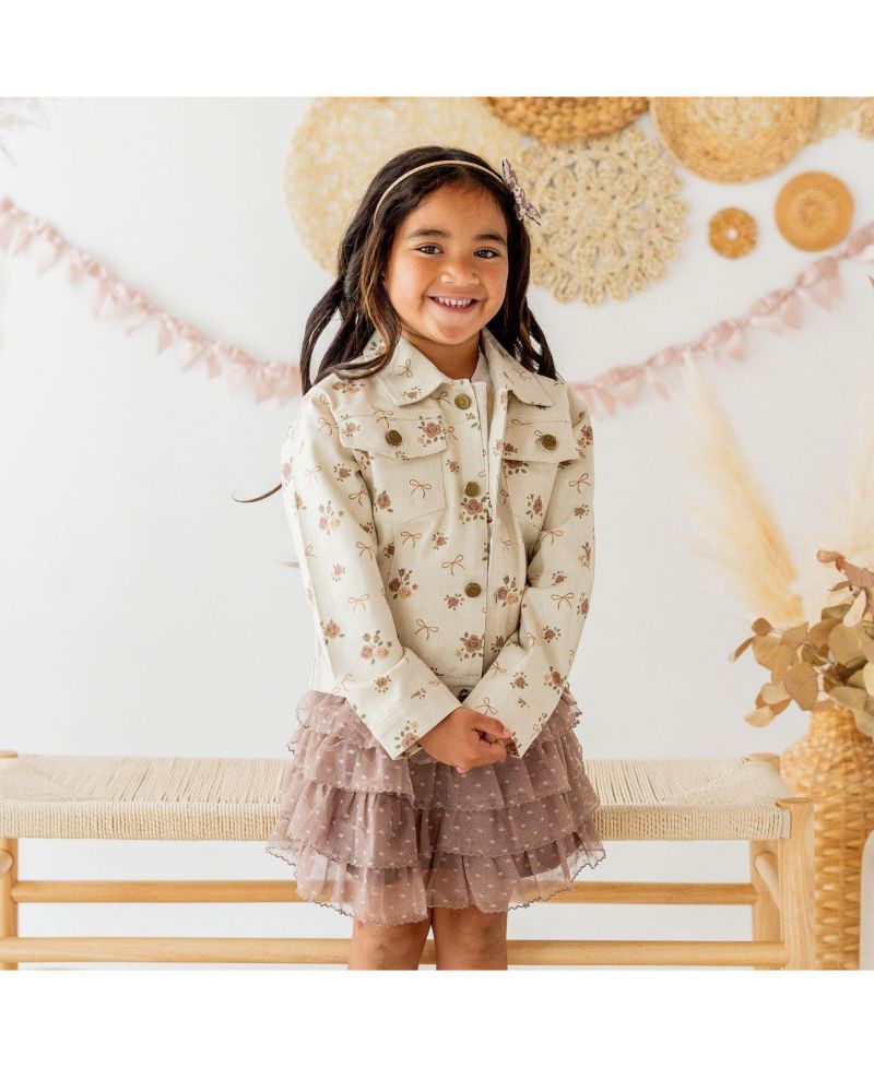 Girls' 4-16 Distressed Floral-Print Denim Jacket