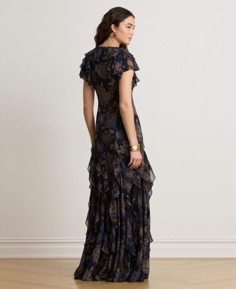 Women's Floral Ruffle-Trim Georgette Gown
