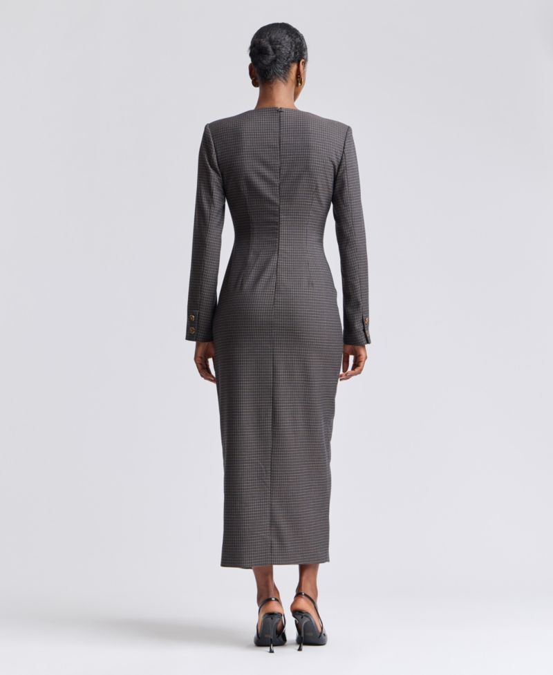 Women's Plaid Long-Sleeve Double-Breasted Midi Dress