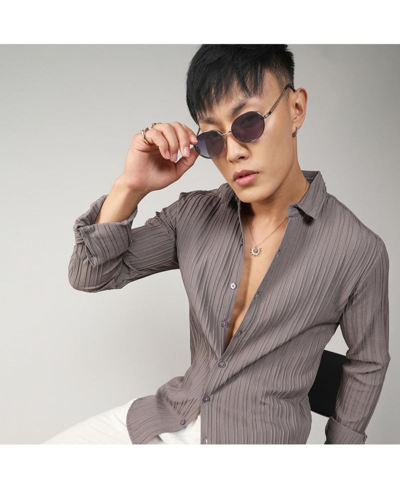 Men's Ash Grey Self-Design Striped Shirt