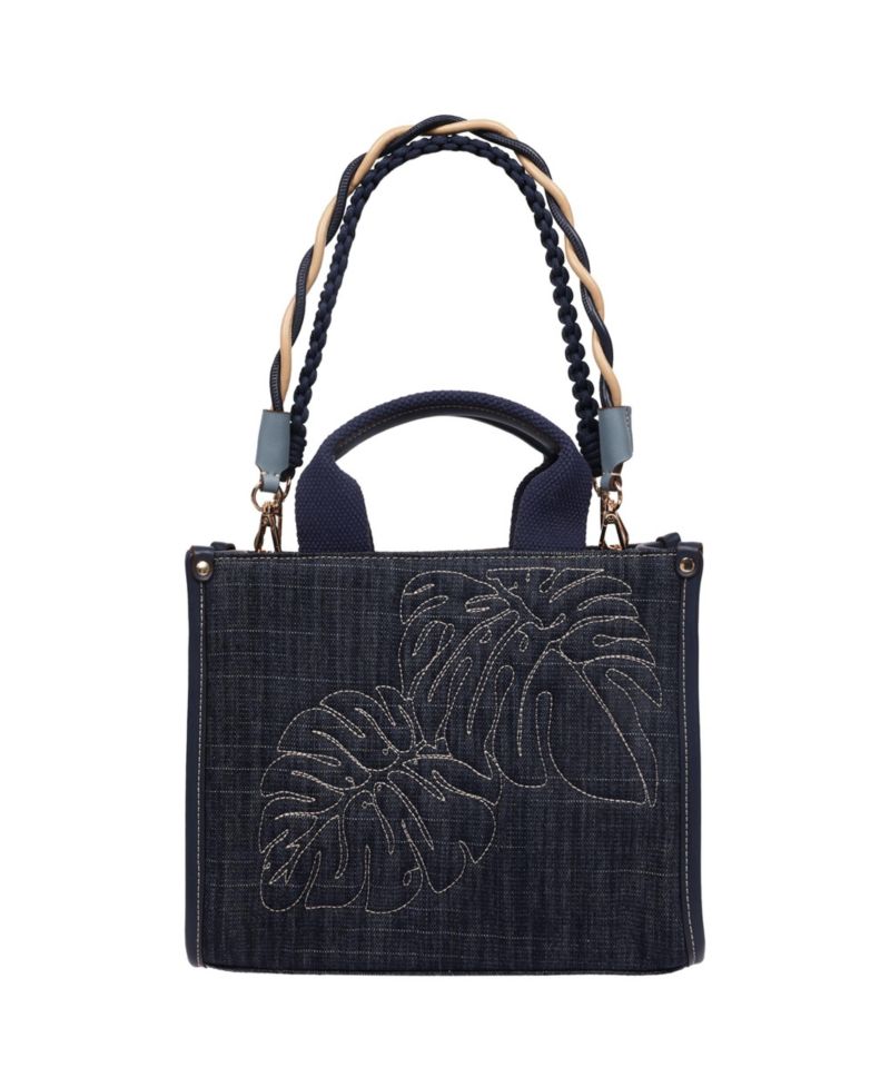 Dorothy Medium Denim Tote - Embroidered Leaf Convertible Top Handle and Crossbody Bag
