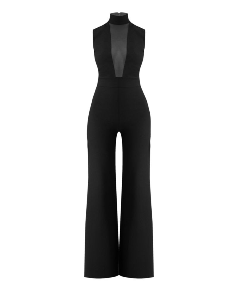 Women's High-Neck Jumpsuit with See-Though Neckline