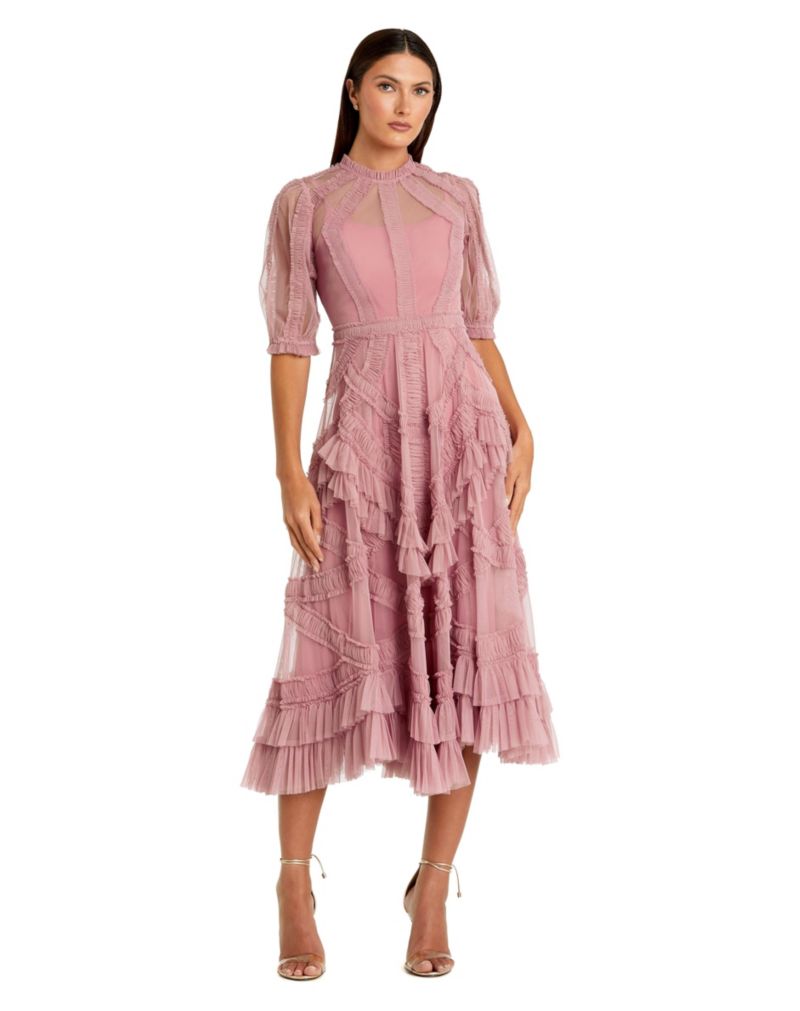 Petite High Illusion Neck Ruffle Tiered A-Line Midi Dress