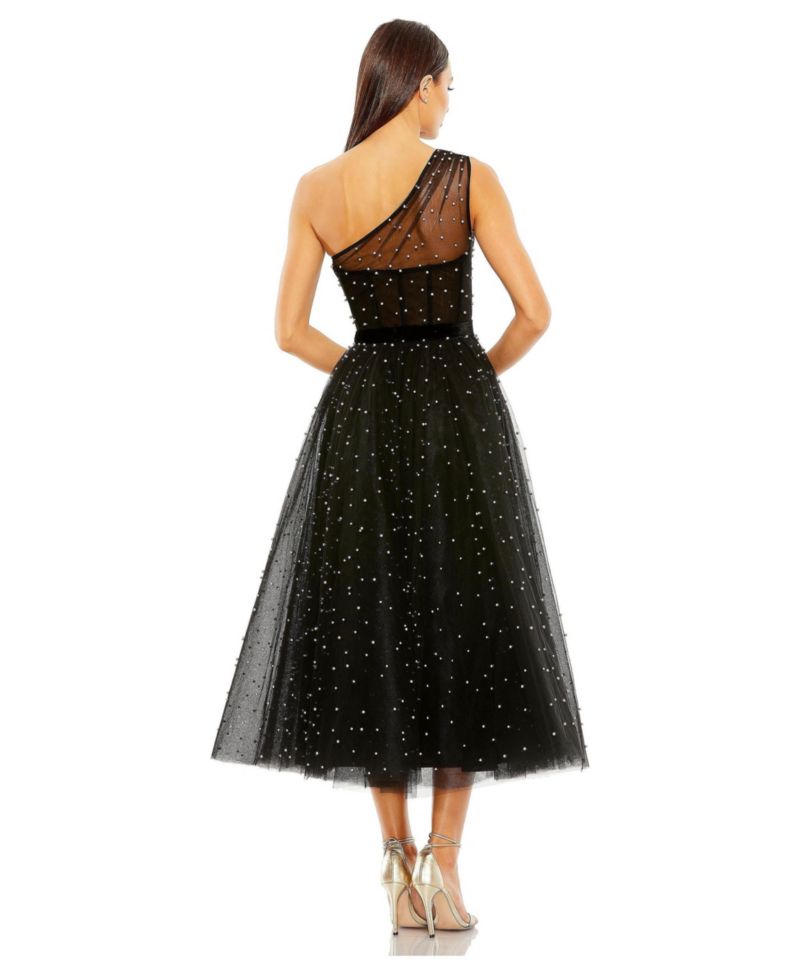 Women's One Shoulder Pearl Beaded Midi Ballgown