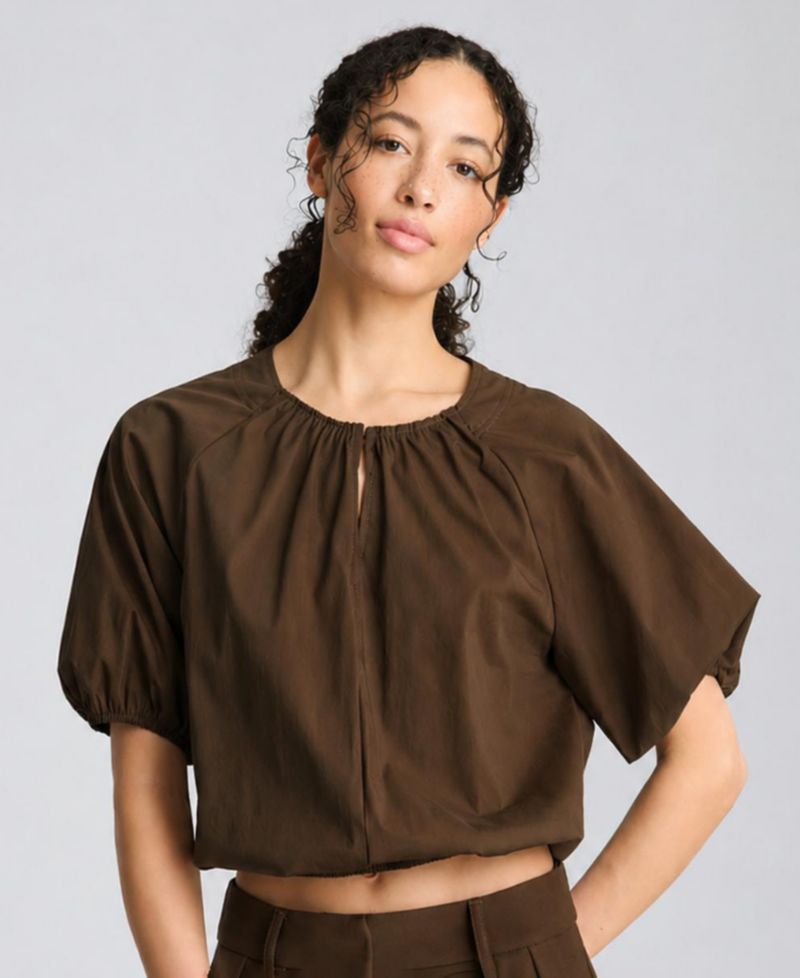 Women's Shirred Crewneck Cropped Bubble Blouse