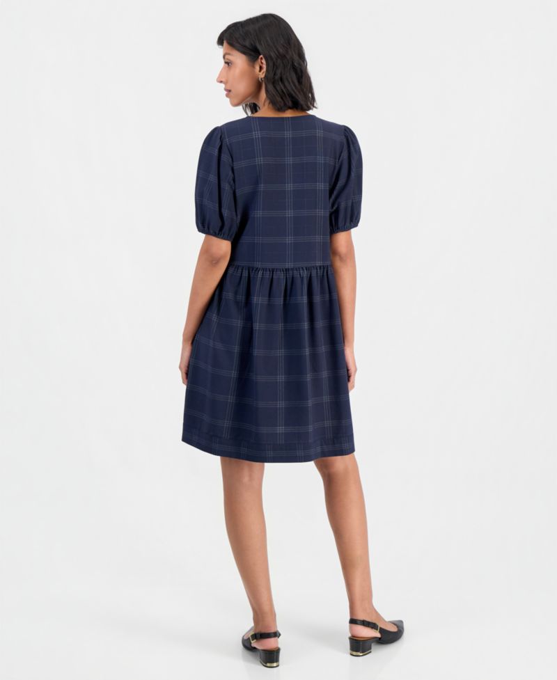 Women's Bow Front Plaid Puff-Sleeve Mini Dress