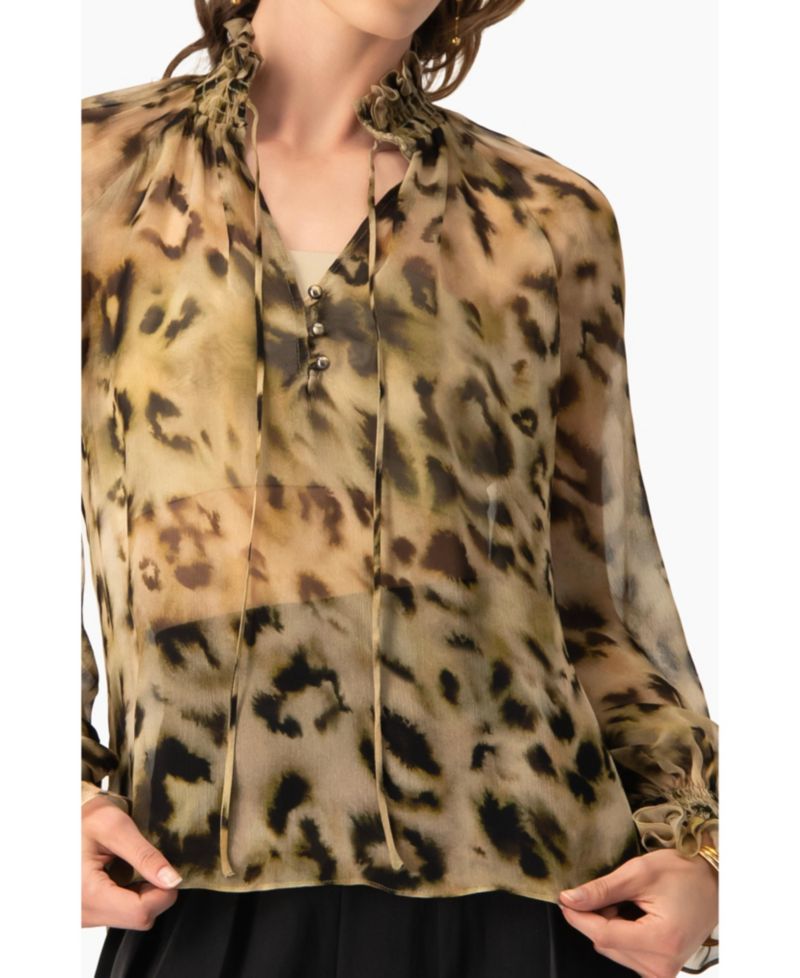 Women's Sheer Chiffon Tie-Neck Blouse in Abstract Animal Print