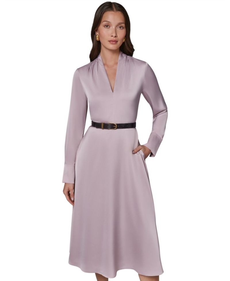 Women's Long-Sleeve Satin Belted Midi Dress