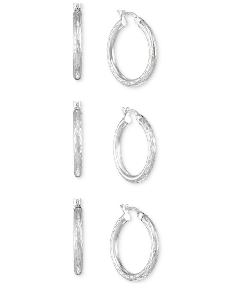 Set of Three Textured Hoop Earrings in 14k Tri-Gold Vermeil and Sterling Silver