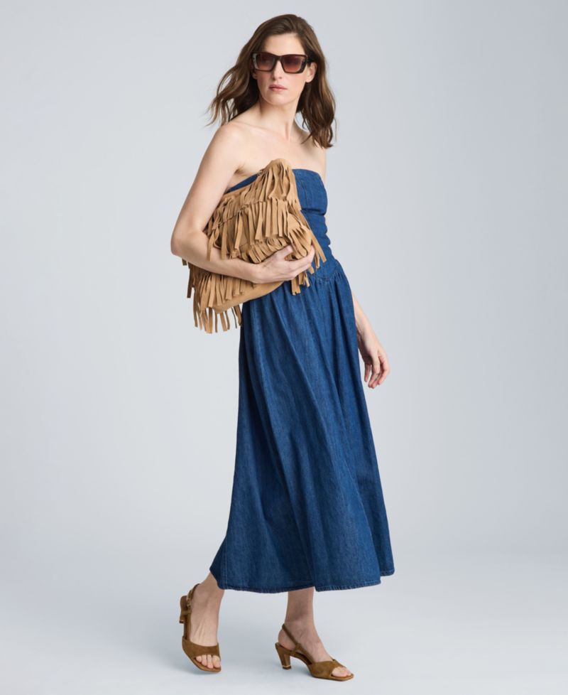 Women's Strapless Bustier Denim Midi Dress