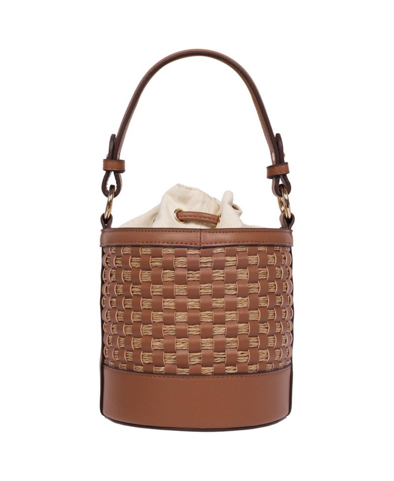 Raffia and Woven Drawstring Bucket Bag - Convertible Top Handle and Crossbody