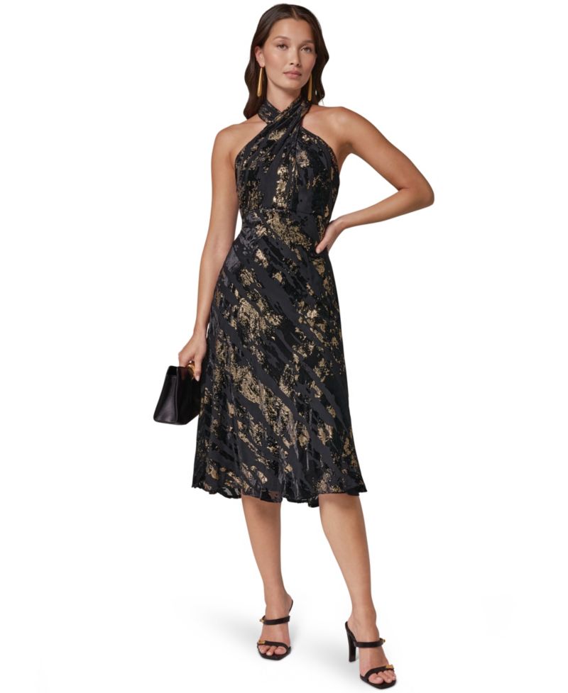Women's Halter Velvet-Burnout Midi Dress