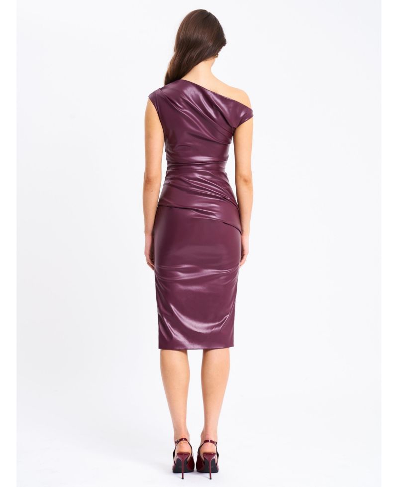 Women's Sabina Purple Leather Slash Neck Midi Dress