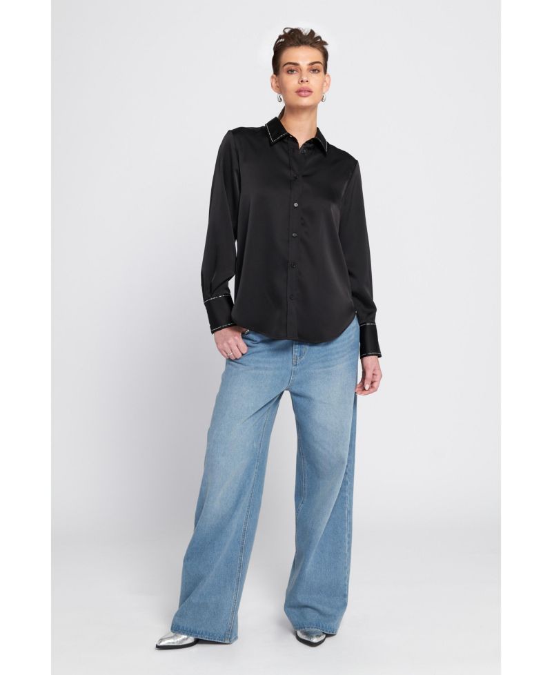 Women's Sparkle Trim Satin Shirt Button Down Top