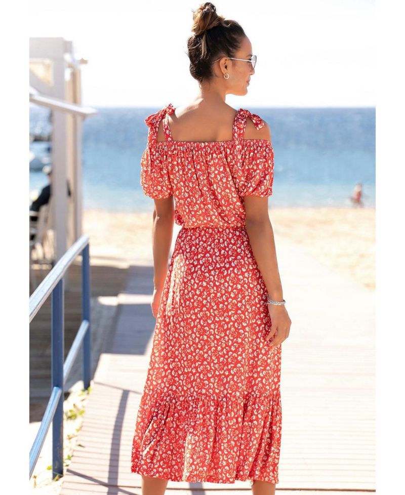 Women's Viscose Floral Print Pattern Elastic-Waist Midi Dress