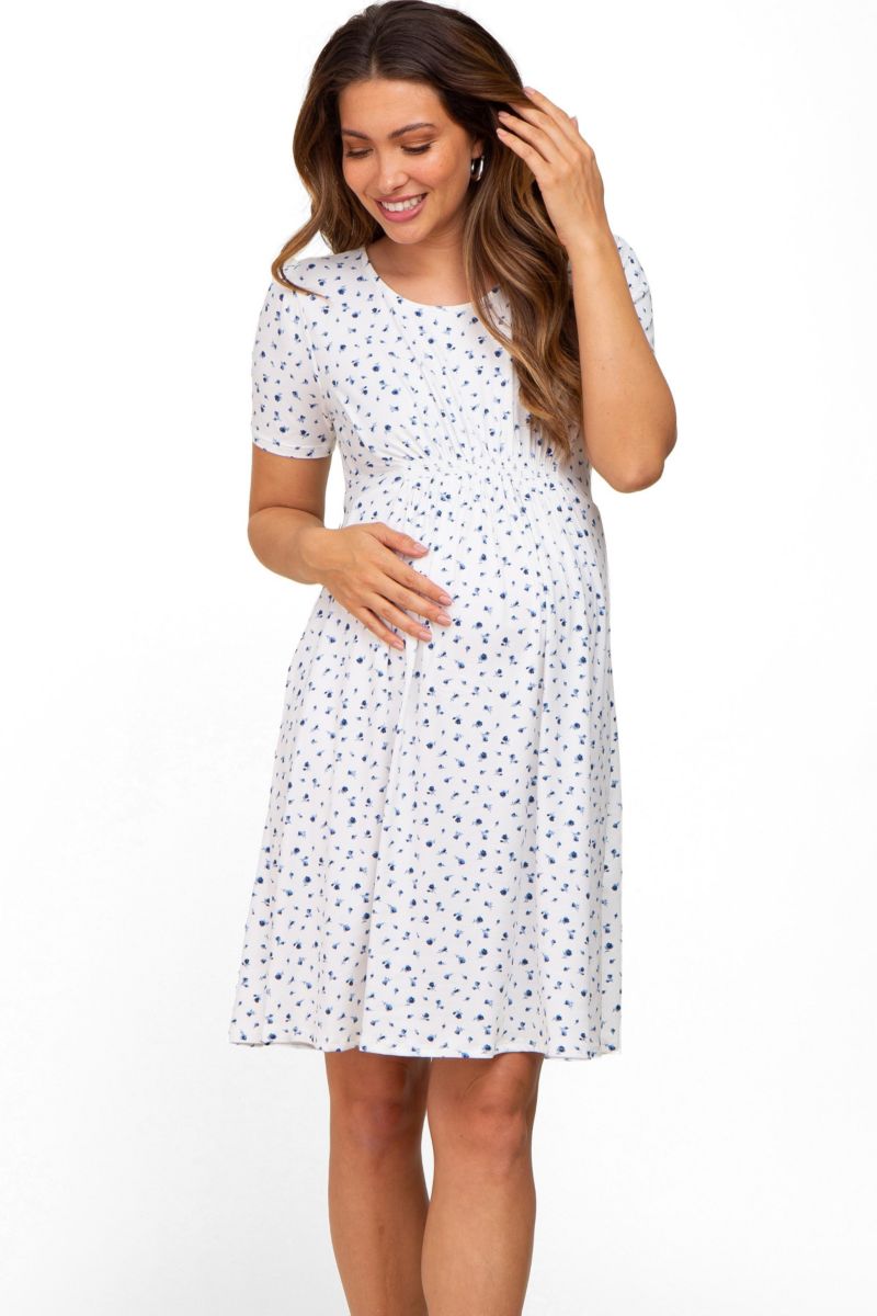 Women's Navy Floral Smocked Short Sleeve Dress