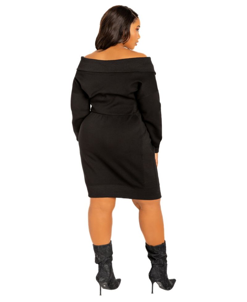 Women's Plus Size Off Shoulder Zip-up Sweater Dress