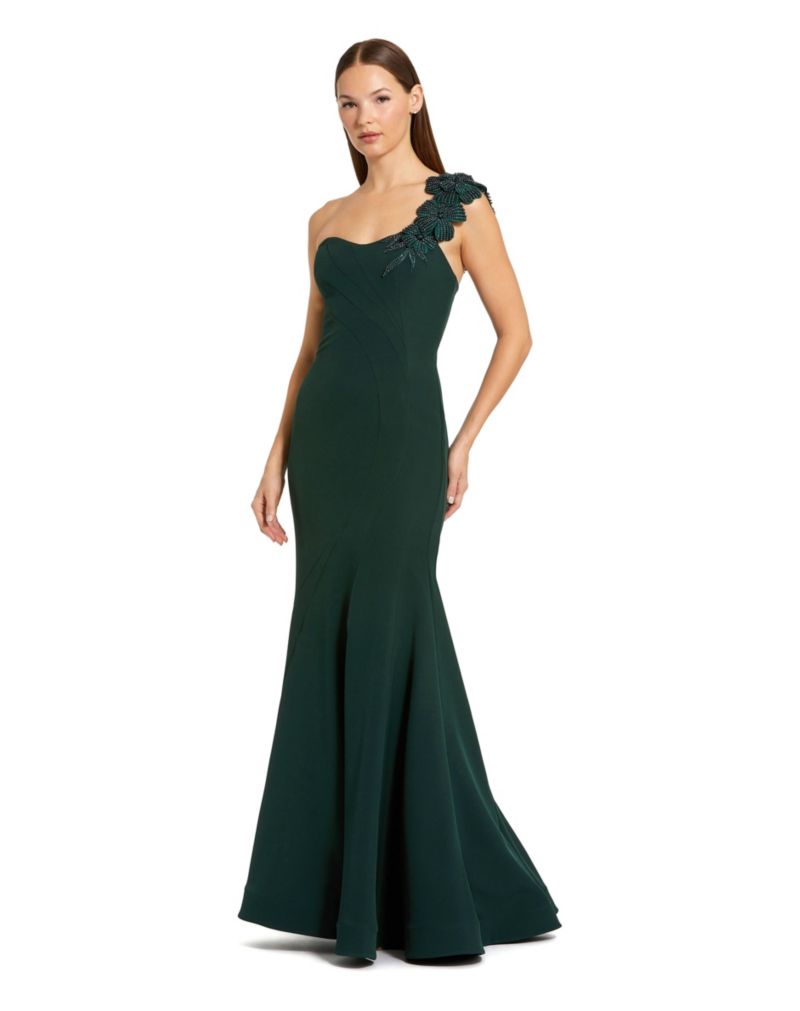 Women's Crepe One Shoulder Beaded Flower Mermaid Gown