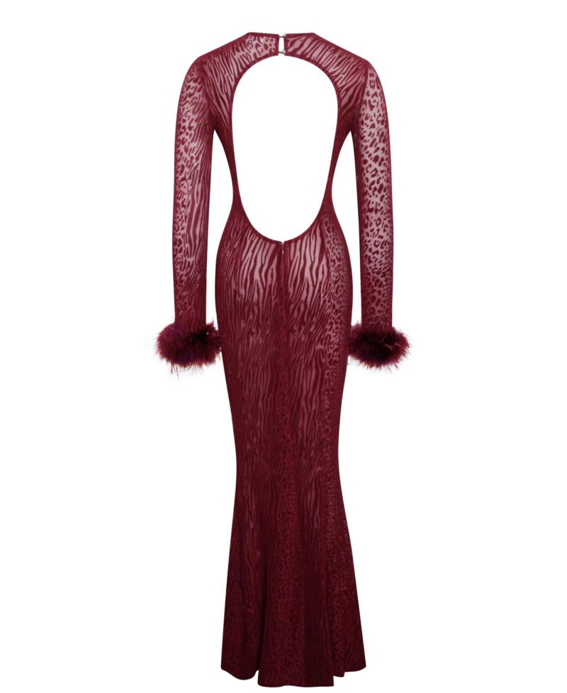 Women's Patricia Burgundy Leopard Burnout Velvet Mesh Backless Maxi Dress