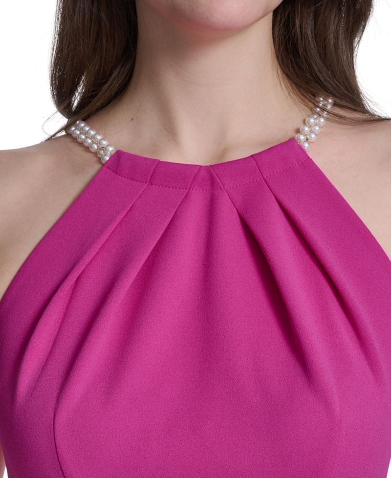 Petite Sleeveless Pleated Neck Trim Halter Dress