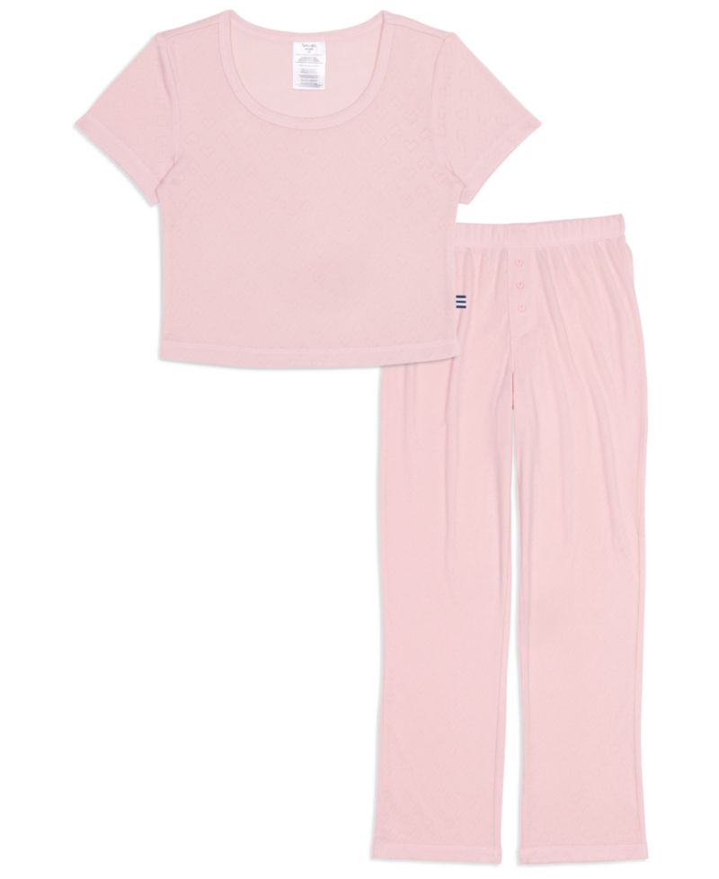Girls' 6-16 Heart Pointelle Round Neck T-Shirt & Pants, 2-Piece Set