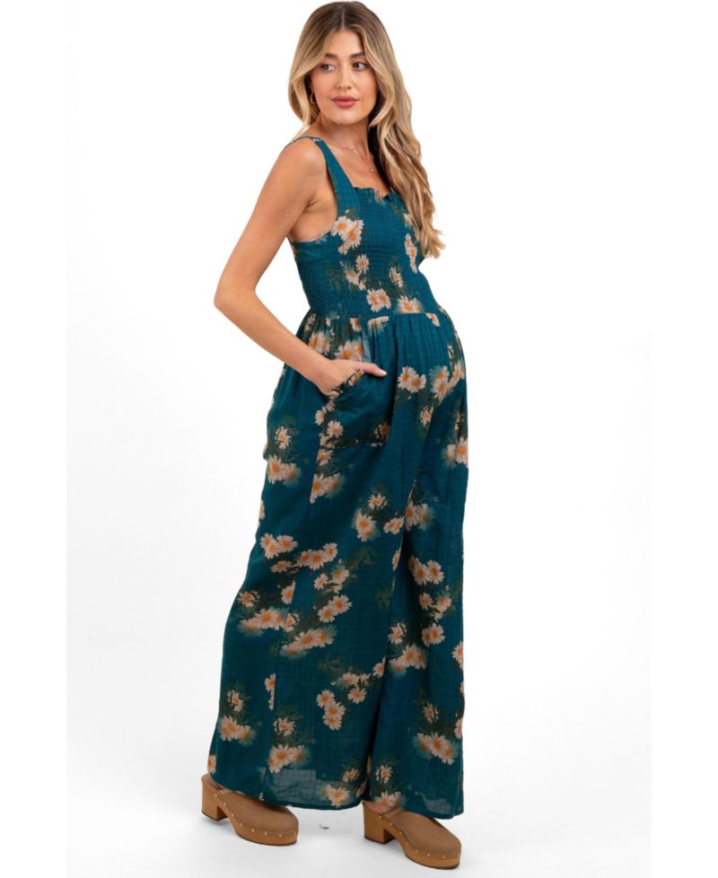 Maternity Teal Floral Smocked Jumpsuit