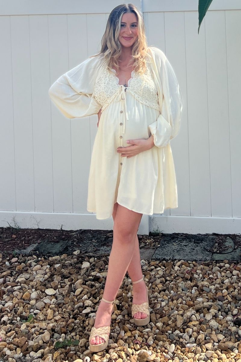 Women's Beige Crochet Lace Button Front Dress