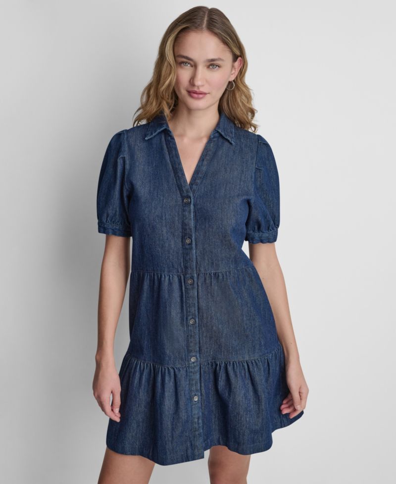 Women's Tiered Puff-Sleeve Collared Denim Cotton Mini Shirt-Dress