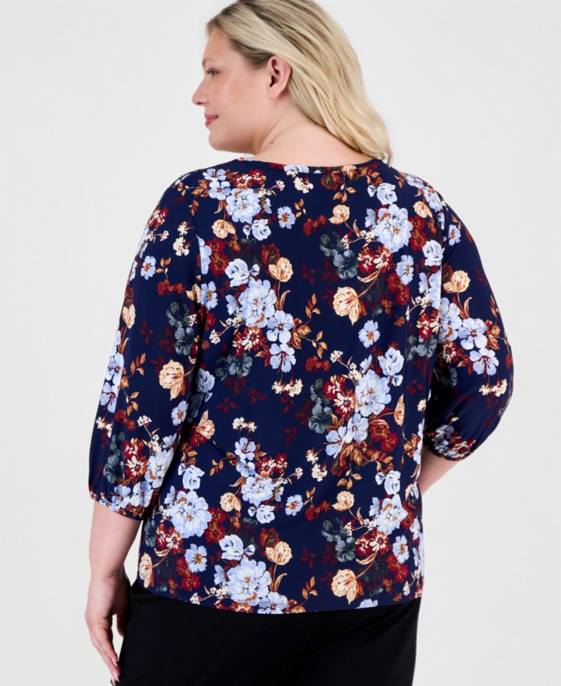 Plus Size Floral Shoulder-Button 3/4-Sleeve Blouse