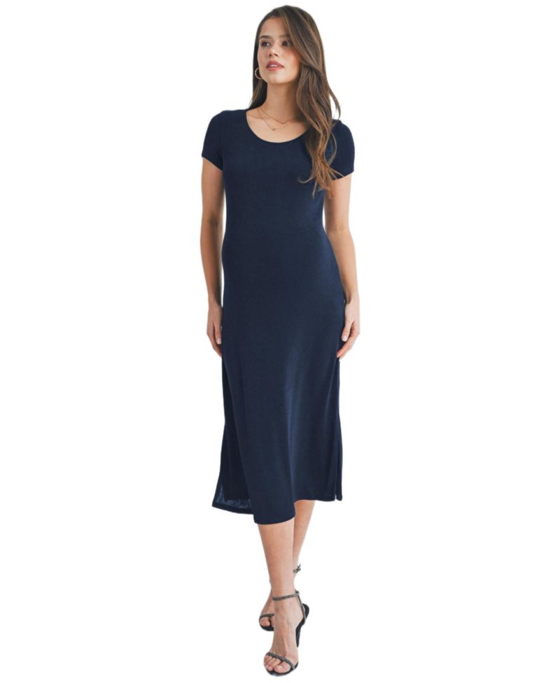 Women's Scoop Neck Short Sleeve Midi Dress with Side Slit
