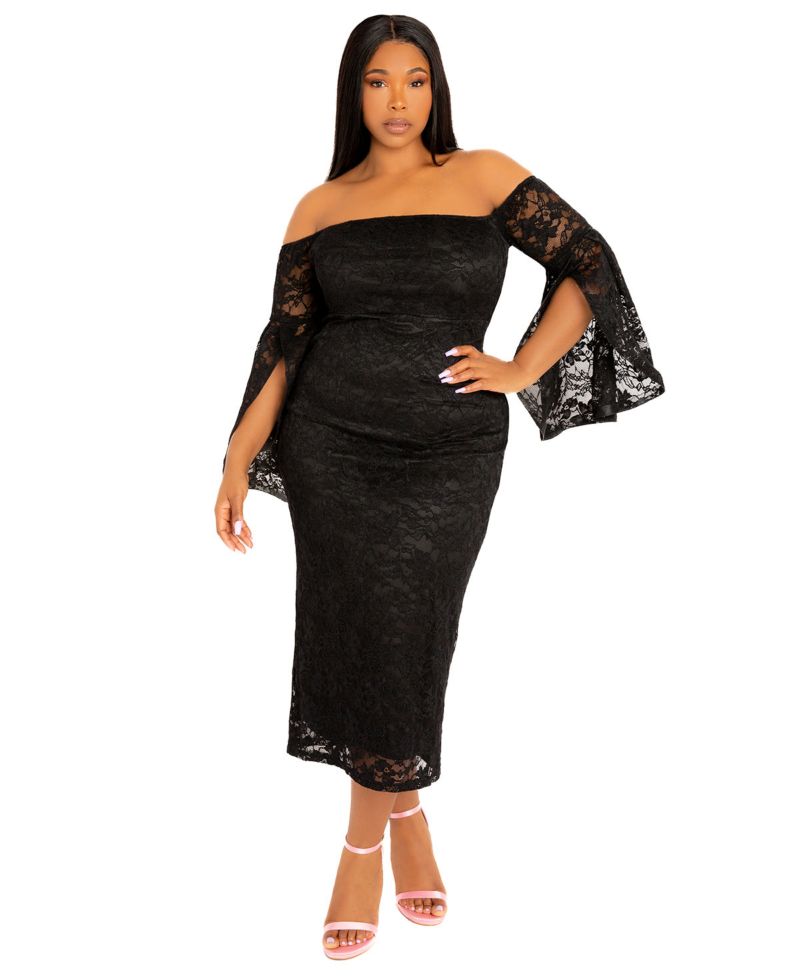 Plus Size Off Shoulder Lace Midi Dress