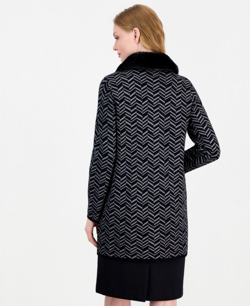 Petite Faux-Fur Collar Patch-Pocket Long-Sleeve Cardigan