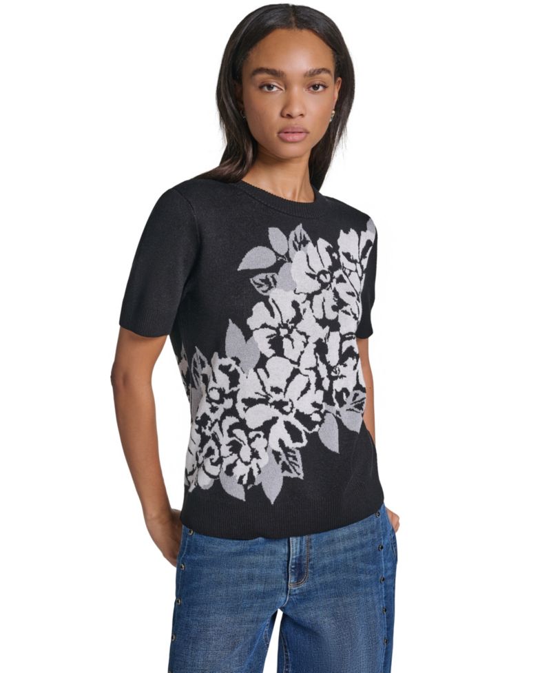 Women's Rose Crewneck Short-Sleeve Floral-Print Sweater