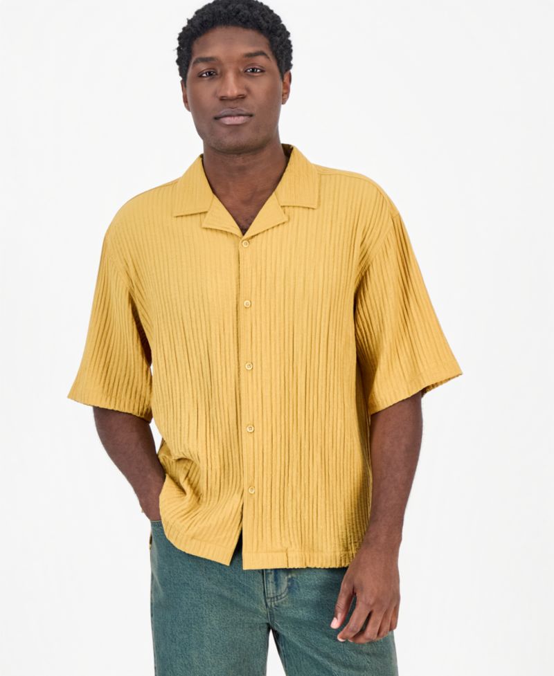 Men's Bxy Short-Sleeve Striped Camp Collar Shirt