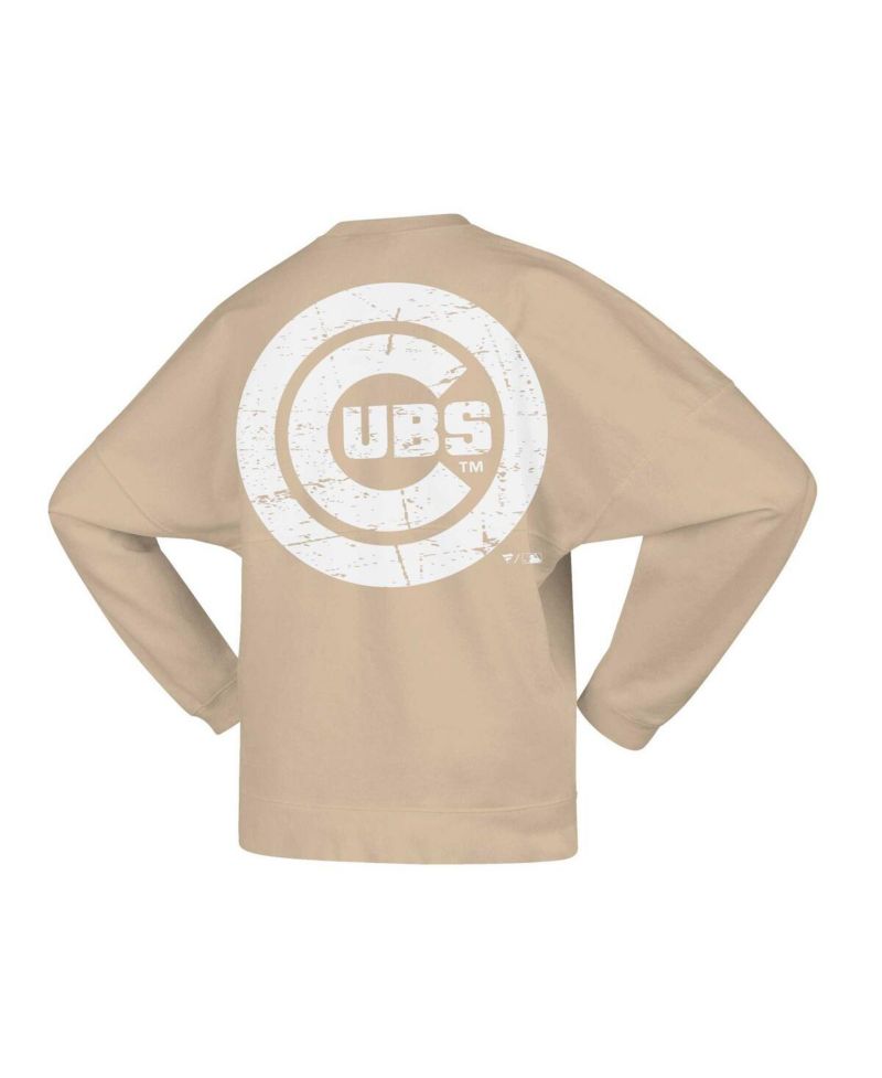 Women's Tan Distressed Chicago Cubs Branded Fleece Pullover Sweatshirt