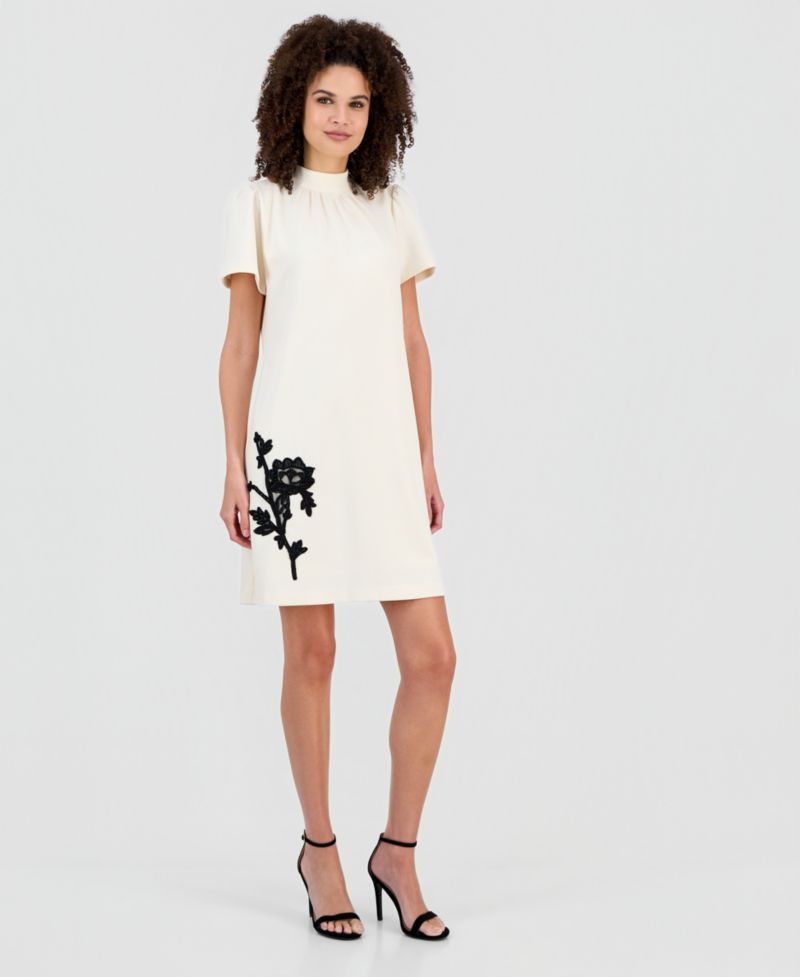 Women's Mock Neck Floral Appliqu&eacute; Dress