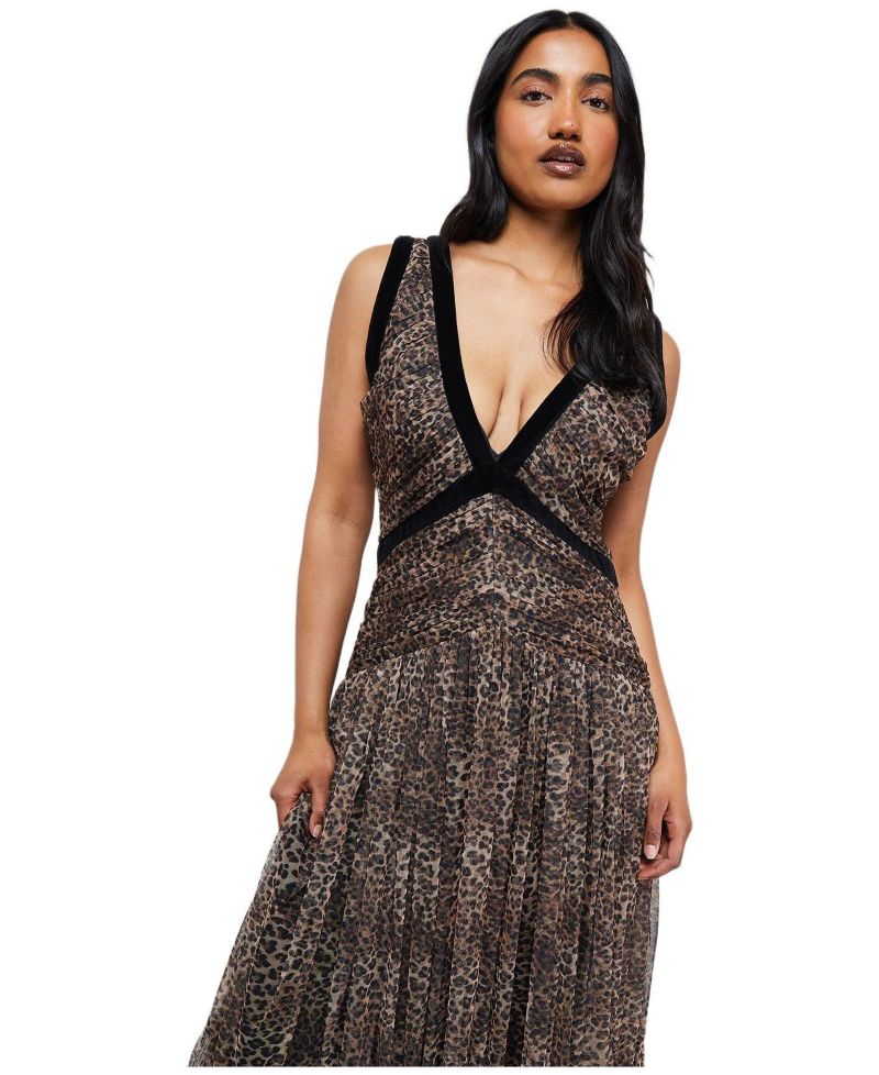Women's Velvet Trim Leopard Tulle Maxi Dress