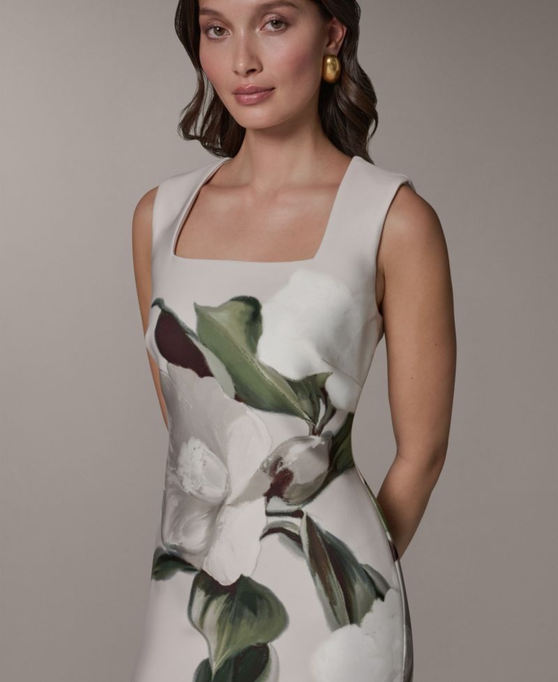Women's Sleeveless Square Neck Placement Floral Print Midi Sheath Dress