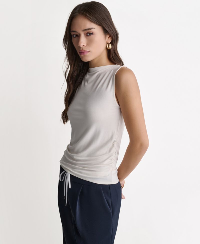 Women's Ruched Side Boat Neck Sleeveless Knit Top